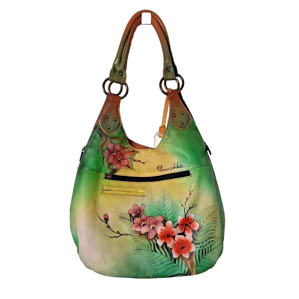 Anuschka Hand-Painted Leather Hobo Bag Peacocks Two sided Painting
